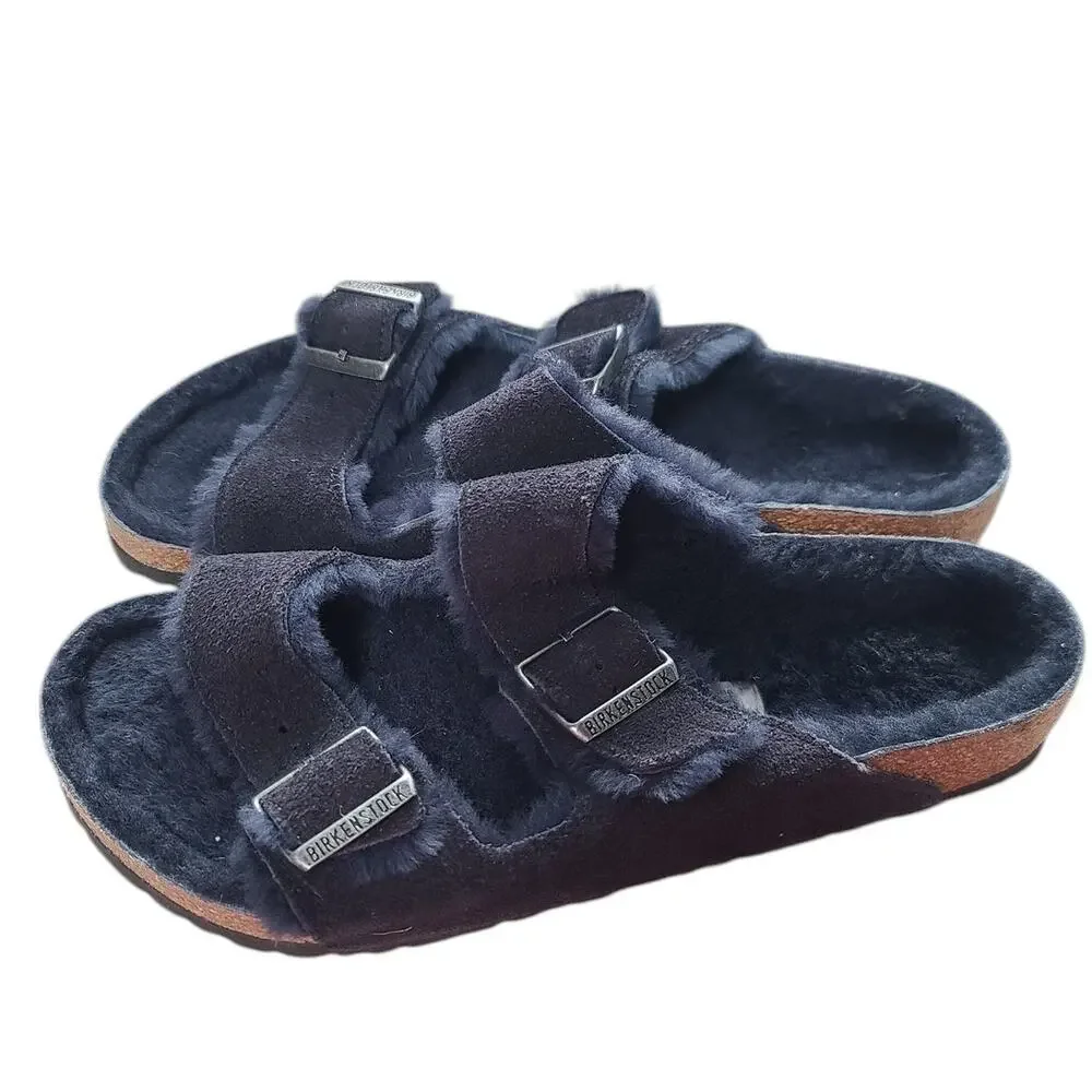 Birkenstock Navy Arizona Shearling Suede Leather Sandals 42 - Picture 2 of 9